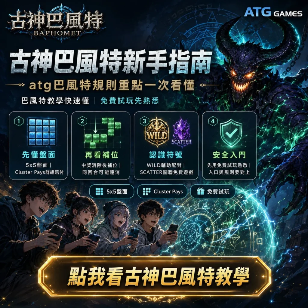 古神巴風特新手指南，介紹ATG巴風特5x5盤面、Cluster Pays、Wild、Scatter與免費試玩，協助玩家快速理解遊戲規則。